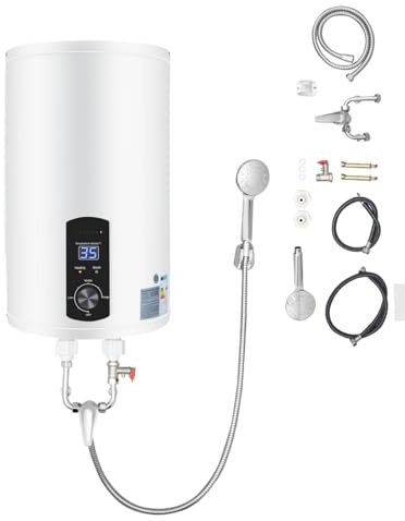 Scaldabagno elettrico ad accumulo | 2000 W elettrico istantaneo | Boiler ad acqua da parete con doccetta e tubi | Intervallo di controllo della temperatura: 25 – 75 °C | Capacità contenitore 30 – 70 L