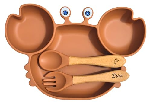 Obiboo Set Repas Bébé avec Assiette à Ventouse en silicone et Couverts Personnalisables, Cadeau de Baptême et Naissance Prénom (Terre cuite)