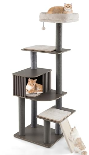 GOPLUS Árbol Rascador Grande para Gatos con Casita para Gatitos, Posadero Superior y 2 Plataformas Acogedoras, Centro de Actividad para Gatos de Interior con Alfombrilla Suave y Bola Colgante