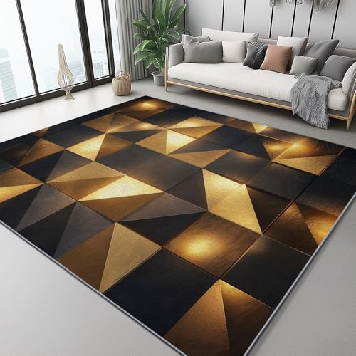 Alfombra 80 X 150 Cm Lujo Ligero Metal Geometría – Pelo Corto Lavable Y Antideslizante, Alfombra Moderna para Sala, Dormitorio, Comedor – Negro Dorado Decoración Habitación