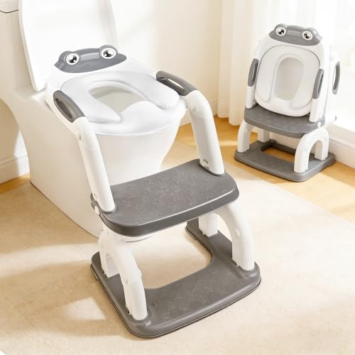 Toilettensitz Kinder WC Toilettentrainer mit Treppe 8 Einstellbare Höhen Tritthocker für Kloaufsatz WC Aufsatz Jungen Mädchen Spritzschutz Wasserdichtes PVC Polster Stabilen Rutschfest Faltbar