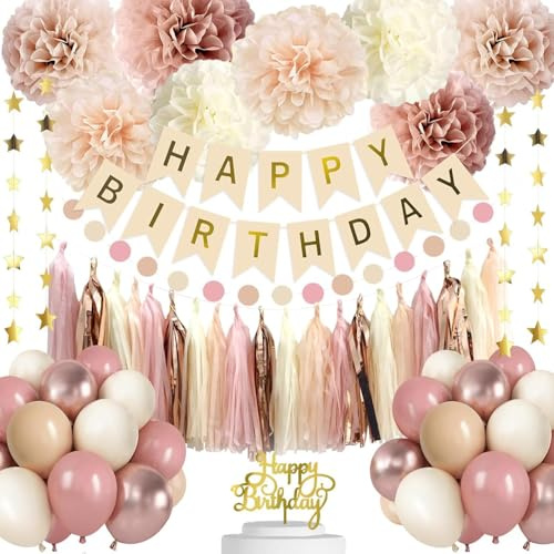 Hitchuey 62-teiliges Geburtstagsdekorationsset, Retro-Pink/Hautfarben/Elfenbeinfarbene Seidenpapier-Pompons, Banner, perfekt als Dekoration für Geburtstagspartys von Mädchen und Frauen
