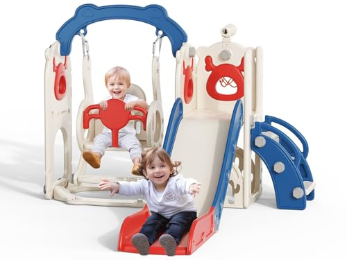 Toboggan pour enfants, avec motif de Noël, toboggan pour enfants, avec set de golf, toboggan pour aire de jeux, utilisable à l’intérieur et à l’extérieur, autoportant (6 en 1, bleu, rouge)