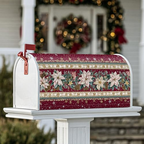 Poinsettia - Coperture magnetiche per cassetta postale, con agrifoglio dorato, decorazione natalizia rossa, 53 x 64 cm