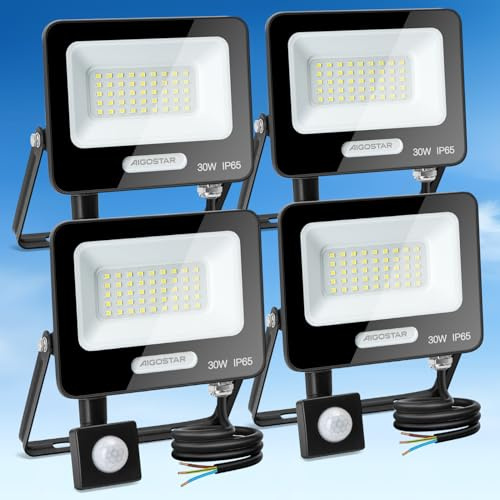 Aigostar- 30W Foco LED con Sensor Movimiento, Super Brillo Focos Exterior, 2750LM, Blanco Frío 6500K, IP65 Impermeable, Proyector LED Exterior, Perfectas para Jardín, Garaje, Patio, Paquete de 4