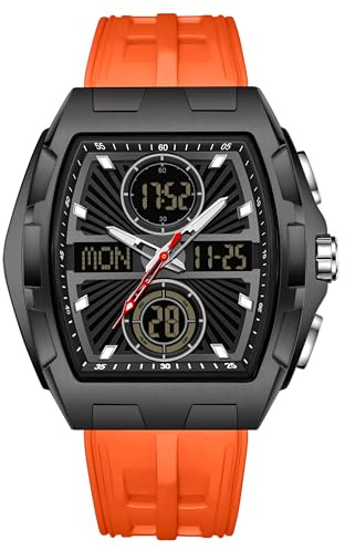 findtime Analoge Digital Herrenuhr Tonneau Militär Sportuhr Tactical 5 ATM Wasserdicht Beleuchtung Chronograph Stoppuhr Alarm Quarz Stilvolles Design Nachtuhr Silikonband Modische