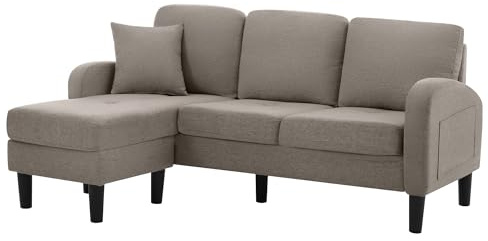 L-förmiges Ecksofa mit Chaiselongue, Modulares Design Sofa mit Schlaffunktion, Kunststoffbeine, Atmungsaktiver Baumwoll-Leinenstoff, Couch Wohnzimmer für Apartments (Antique Dark Grey + Foam + 3 Seat)