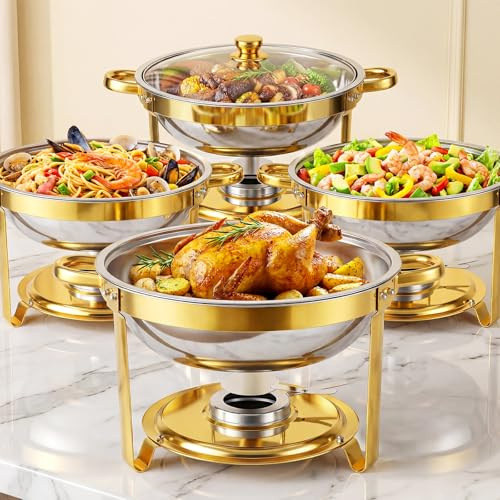 ALSO GO Round Chafing Dishes for Buffet 5QT, 4-Piece Gold Chafing Dish Buffet Set with Glass Lid, Stainless Steel Serving Trays, Buffet Servers and Warmers for Parties, Wedding, Catering, Christmas