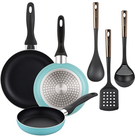 Well Home Set di 3 padelle Ø16Ø20Ø24 cm in alluminio pressato in blu opaco+ Set di 3 utensili da cucina in PBT nero e rame