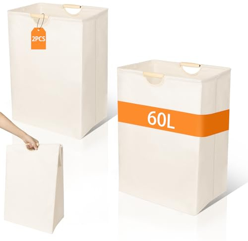 AiQInu 2 Stück Wäschesammler Schmal, Wäschekorb 60l, Laundry Baskets mit Henkel Holzgriff, Waschesammelbox und Wäschesack für Schlafzimmer, Kleidung, Spielzeug und Handtücher, 56 * 40 * 27cm