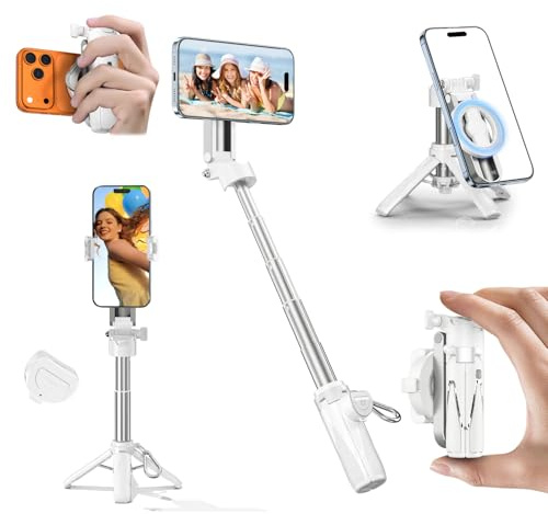 ALAFLY Selfie Stick Trépied 4-en-1 Magnétique avec Télécommande Bluetooth, Support Téléphone Portable avec Rotation 360° pour Smartphone, Compatible avec iPhone 17 Pro Max/16/15/14/13/12,Blanc