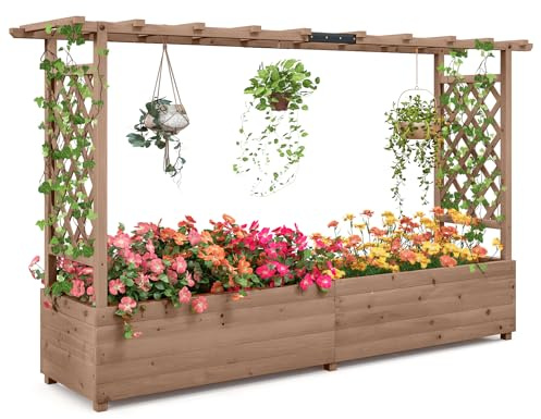 TANGZON Raised Garden Bed with Arch Trellis, Freestanding Ground Garden Planter Box, Outdoor Vertical Trough Planter Container for Vine Climbing Plant Flower Herb (Brown, 200 x 44 x 114 cm)