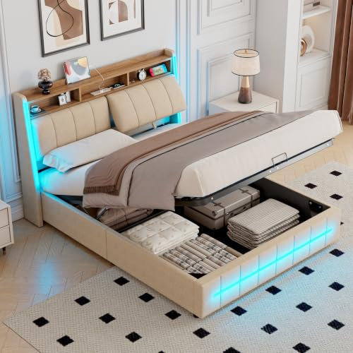Mydtt Double Bed Frame 4ft6, Ottoman Bed Double with Storage, Linen Beige