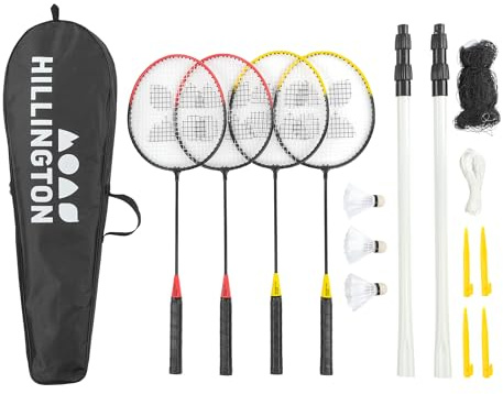 Hillington Badminton Set with Net for 4 Players - All-Weather Badminton Racket Set with 4 Rackets, 3 Shuttlecocks, Poles & Anchors and Carry Bag - Easy Setup Portable Badminton Net for Garden & Beach
