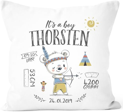 SpecialMe® personalisierbares Kissen zur Geburt Indianer Häuptling, Geburtskissen Junge Mädchen, Namenskissen Geschenk Geburt, Kissen-Bezug ohne Füllung Weiss Unisize