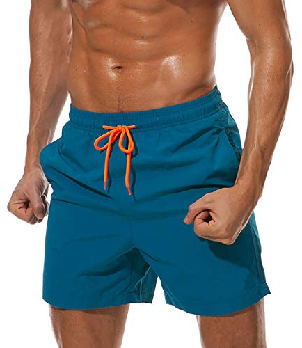 Qrity Homme Shorts de Plage, Short de Bain avec Poches, Séchage Rapide, Cordon de Serrage Réglable pour Vacance Natation Piscine, Bleu Paon -L