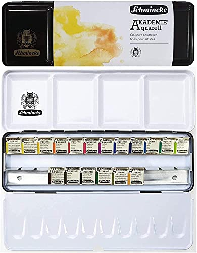 Schmincke Aquarellfarbe, Akademie Aquarell Malkasten, Metallkasten, 18 x 1/2 Näpfche.General Selection .made in Germany