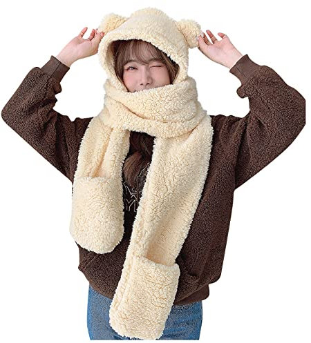 LUNULE Damen Kapuzenschal Winter Verdicken Warme Plüschmütze Schick Weiche Fellmütze Tiermütze Ohren mit Handschuhe Schal für Frauen Outdoor Sport Tiermütze Thermohandschuhe Schal Damenmützen