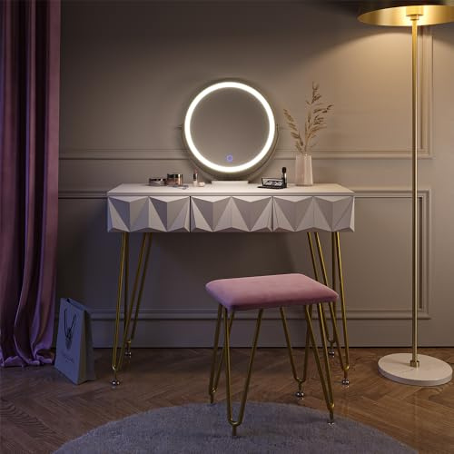 Vicco Schminktisch Ruby, Weiß, 100 cm | mit LED Beleuchtung und Hocker, Stauraum für Make-up, Haar- und Pflegeprodukte in Reichweite