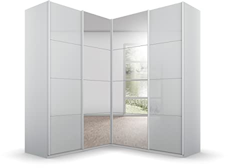 Rauch Möbel QUADRA, Eckschrank, Farbe Glas Seidengrau, Breite 181 cm | Eckschrank mit Schwebetüren, 4-türig, mit Spiegel und Glastüren, für Schlafzimmer, Gästezimmer, Ankleidezimmer, Garderobe