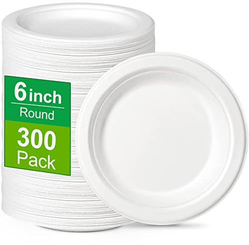 Greconv 300 Pack 6 inch Paper Plates, Small Paper Plates Bulk, Disposable Dessert Paper Plates, Compostable Plates Made from Sugarcane Fibers, Recycled Plates, White