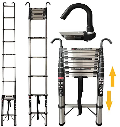 16.4FT Portable Multi Purpose Extension Loft Ladder for Roof Work Window Cleaning, 12 Step Ladder Folding Retractable Library Ladder with Roof Hooks, 330Lbs Load Telescoping Ladder, EN131