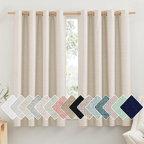 NICETOWN 100% Absolutely Blackout Linen Curtains with Thermal Insulated White Liner, Beige, 52 Wide by 63 Long, 2 Pieces, Anti-Rust Grommet Natural Burlap Fabric Window Drapes for Bedroom/Kids Room