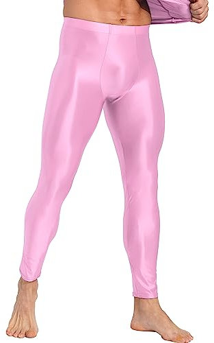 iEFiEL Herren Legging Öl Sporthosen Lang Hosen Glossy Strumpfhosen Yoga Tanzhosen Unterhose Longjohns Unterwäsche Rosa M