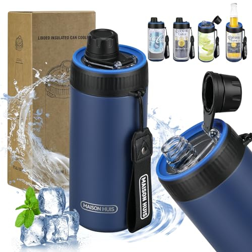 4 In 1 Beer Can Cooler Bottle Holder with Drinking Spout Lid for 12oz Regular, Slim Skinny Cans and Thermal Bottles,Sealed Insulated Double Wall Vacuum Stainless Steel Can Keeps Your Drinks Cold