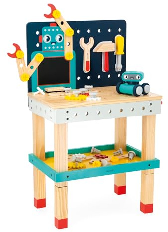 Janod - Grande Banco da Lavoro Robot Brico'Kids - Set Bricolage per Bambini - 51 Accessori + 3 Utensili + 1 Robot - Gioco di Imitazione - Sviluppa le Abilità Fino-Motorie - Dai 36 Mesi, J06457