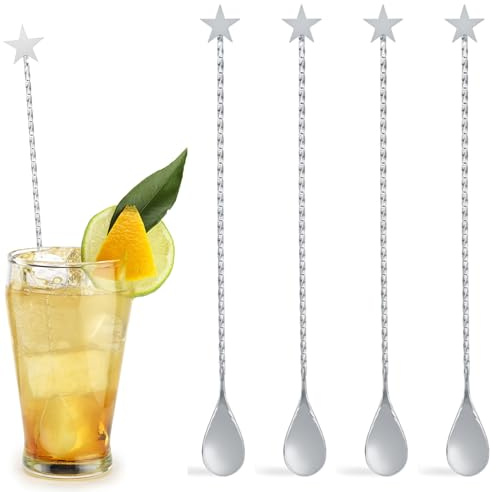 Homestia 4 Pcs Bar Spoon Cocktail Mixing Spoon - 12'' Stainless Steel Cocktail Stirrers for Drinks, Polished Surface, Useful Bar Spoons for Professional and Home Use (Silver, Star Handle)