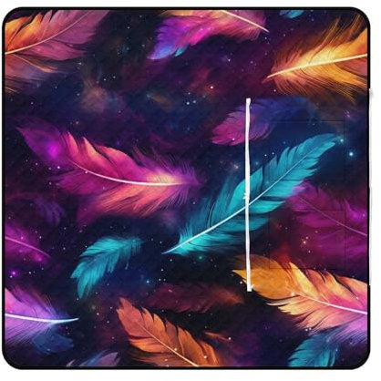 Xiputvl 3D-Eindruck Bunte Federn Picknickdecke Kunst Strandmatte Outdoor Teppich Wasserdicht, Faltbar Stranddecke Für Trocken Strand, BBQ, Picknick, Wandern 150x150cm