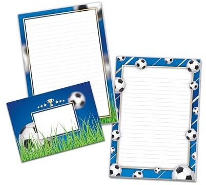 Briefpapier-Set mit 2 Schreibblöcken und 25 Umschlägen für Kinder Schulheft Heft Notizblock Fußball (1 Block Grün und 1 Block Bälle A5 mit je 25 Blättern + 25 Briefumschläge)