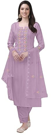 TRENDMALLS Bomull Broderi Salwar Kostym Set Kurta Byxa med Dupatta Kurta Set för kvinnor, Ljuslila, XS