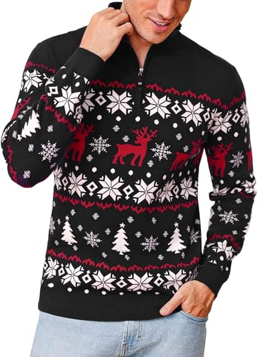 Crewhpo Weihnachtspullover Herren Stehkragen mit Viertel Reißverschluss | Weiches Dehnbares Gefühl, Angenehme Wärme, Lange Ärmel, für Herbst Und Winter, Bequemer Alltag, Festlicher Winterlook
