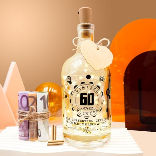 JUNUNDJING LED Flaschenlicht Geschenke zum 60 Geburtstag Frau Mann, Geschenk Deko 60. Geburtstag Frau Mann Deko Geschenk, Geschenke Für Frauen Männlich ab 60, Geldgeschenke Geburtstag 60