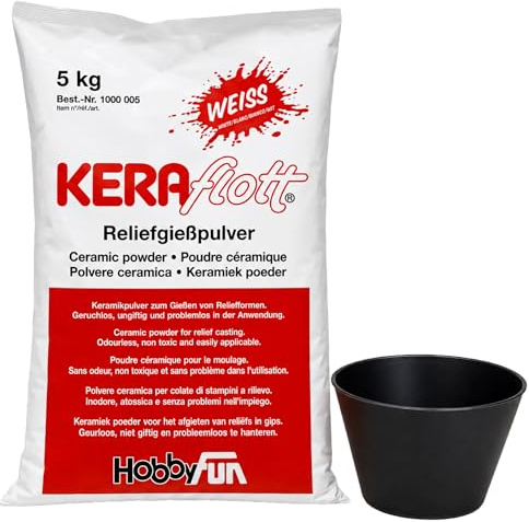 KERAflott Reliefgießpulver weiß 5 kg mit Gipsbecher in schwarz (Durchmesser: 125 mm und Höhe 90 mm)