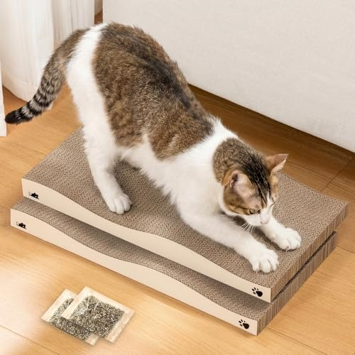 Cat Scratching Board, Corrugated Cardboard Cat Scratcher for Indoor Cats, Durable Scratch Pad, Heavy Duty, Double-Sided Usability, Recyclable, with Catnip (Pack of 2)