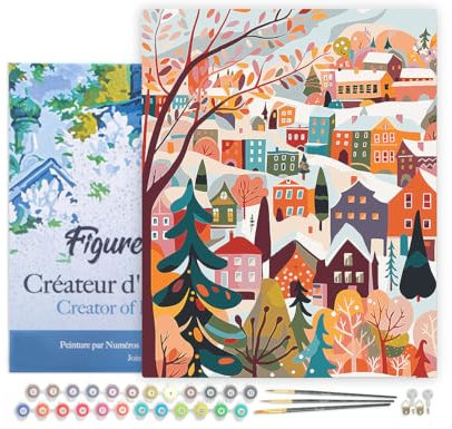 Figured'Art Peinture par Numéro Adulte avec Cadre Village Hivernal Coloré - Activité Manuelle Kit de Loisir Créatif DIY Numéro d'Art Complet - 40x50cm toile tendue sur châssis