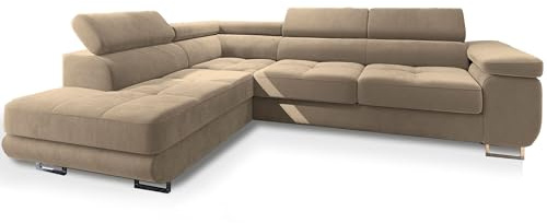 Masseno Ecksofa Selva L-S mit Schlaffunktion L-Form, Glamour Sofa mit Bettkasten, Wohnzimmersofa, Couch, Soffa, Bettsofa, Couchgarnitur - Creme, Monolith 04
