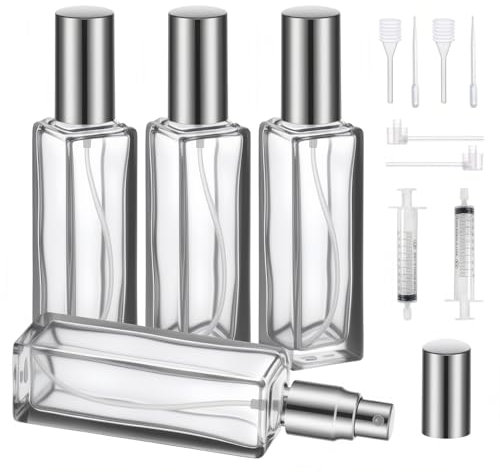 QMLING Lot de 4 vaporisateurs de parfum de 20 ml - Pour les déplacements, les voyages - Rechargeable - Petit flacon pulvérisateur de parfum en verre avec outil de dosage pour hommes et femmes