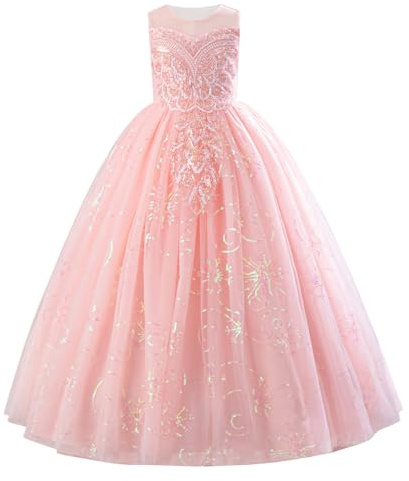 FYMNSI Glinda Costume Kids, Flower Girl Dress Sleeveless A-line Ruffle Tulle Tutu Princess Maxi Long Dresses for Wedding Bridesmaid Pageant Evening Birthday Party Formal Occasion Pink 6-7 Years