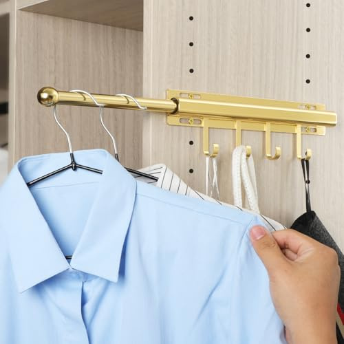 BaiNong Valet Rod for Closets Pull Out 12 Gold with 4 Hooks