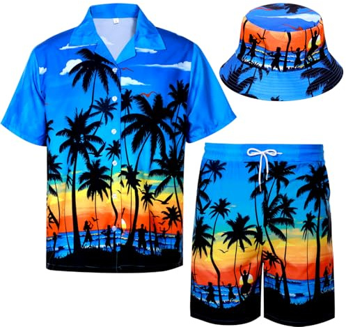 Moerstar Mens Hawaiian Shirts Short Sleeve Casual Tropical Hawaiian Shirt for Men Set with Shorts and Hat Summer Funny Hawaiian Shirts for Holiday Beach Funky Party