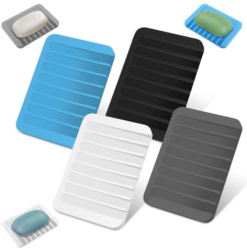 4 Pieza Jabonera de Silicona，Jabonera con Desagüe，Caja de jabón,jabonera sin taladrar，para Baño,Cocina,Encimera,Viaje, Silicona para baño con Tubo de Drenaje,