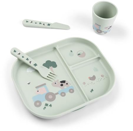 Done by Deer Foodie Kindergeschirr Set mit Saugfuß – 4-teiliges Esslernset mit Teller, Becher & Besteck – Rutschfest, BPA-frei – Tiny Farm Design Grün