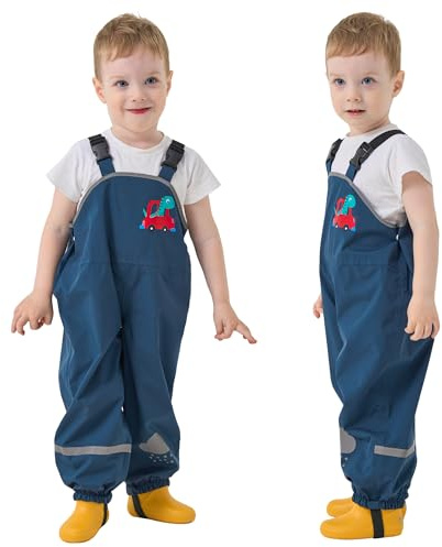 Domueay Kids Rain Trousers Rain Dungarees Waterproof Bib Overalls 2-7 Years | Lightweight, Animal Pattern, Girls Boys Mud Dirty Proof Pants with Reflective Strip, Children Rainwear School Outdoor Hiking