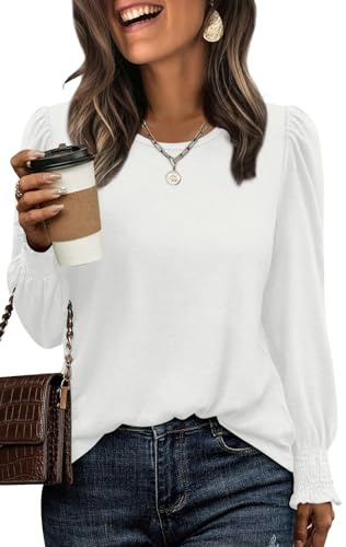 XIEERDUO Long Sleeve Tops Women Sweatshirt for Women Crew Neck Ladies Blouses Fall Outfits Puff Sleeve Tunic Tops Size 18-20 White