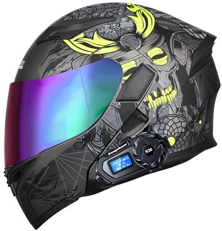 WLYEZAU Casque De Moto Modulable Bluetooth 5.3, Casque Intégral Rabattable, Homologué ECER 22.06, Double Visière Antibuée, for Hommes Et Femmes(O,2XL=63-64CM)
