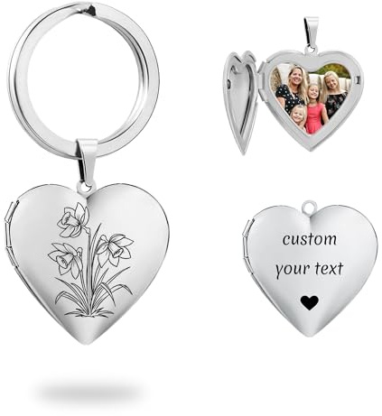 PHOCKSIN Custom Texts Photo Locket Key chain for Women Silver Heart Locket Keychain Personalised Birthflower Lockets with Customised Lockets Gifts for Women